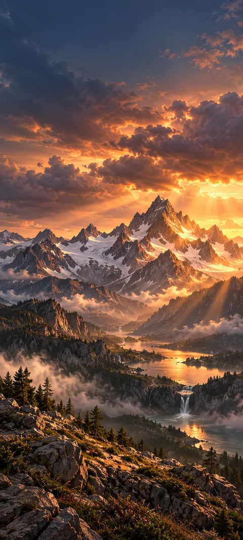 Copper storm light breaks across a rugged mountain range.