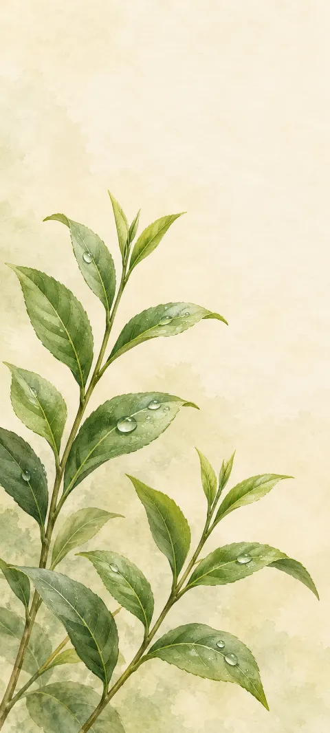 Green tea sprigs with dew drops painted on cream watercolor paper.