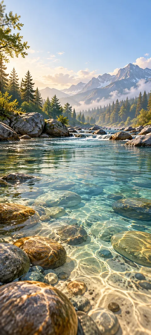 Clear river water flows over rounded stones.