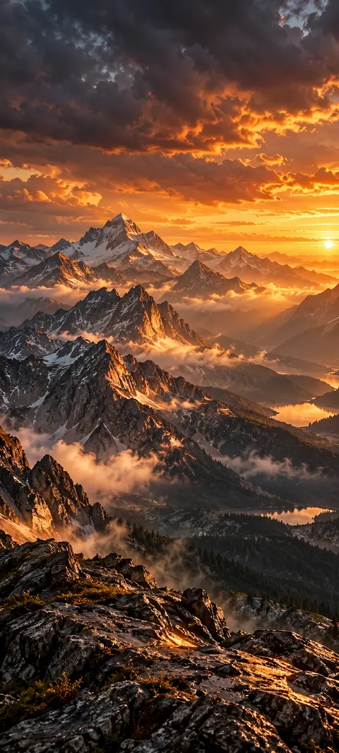 Copper storm light breaks across a rugged mountain range.