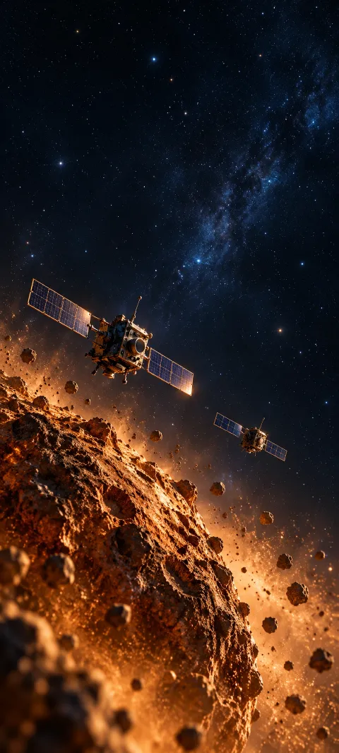 Two solar-panel space probes above a copper-lit asteroid and floating fragments in a star field.