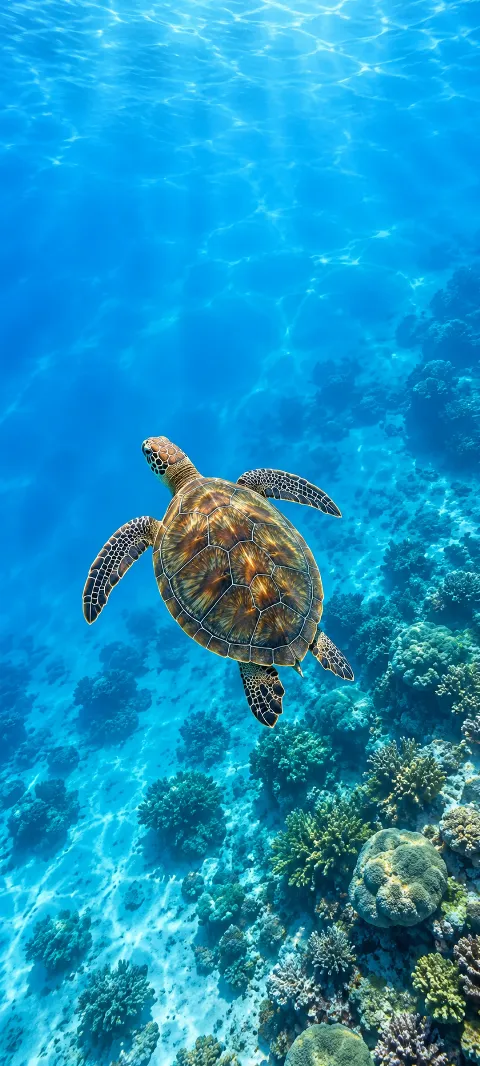 Whole sea turtle seen from above over a blue coral reef.