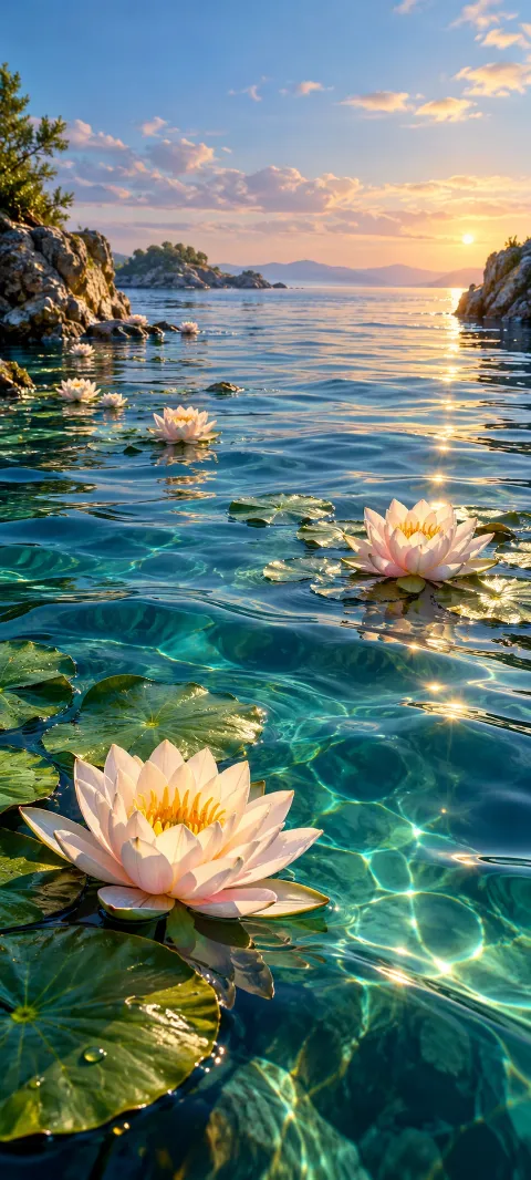 Water lilies float along a narrow green channel.