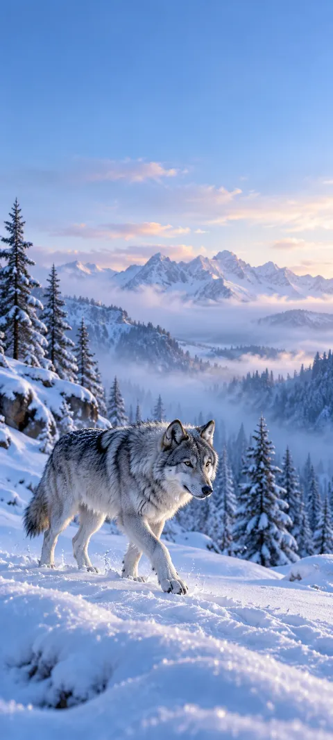 A silver wolf crosses a quiet blue snowfield.