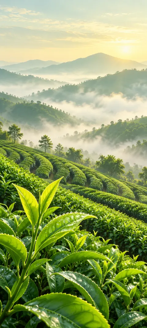 Dewy fresh tea leaves before curved tea rows and misty green hills.
