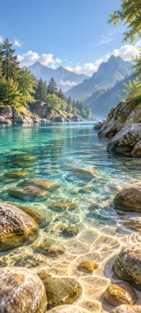 Clear turquoise river water over rounded stones between forested banks.