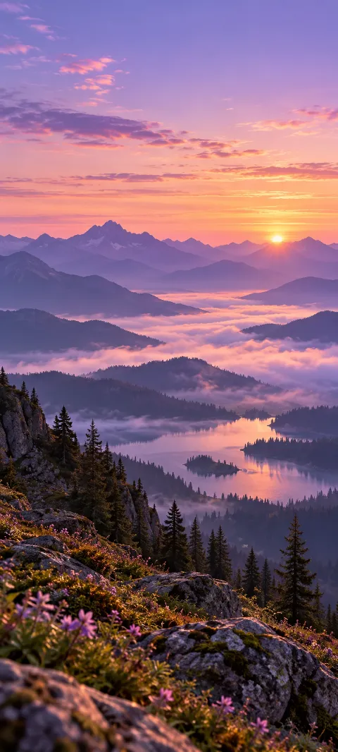 Lavender mountain ridges and a lake glow at dawn.