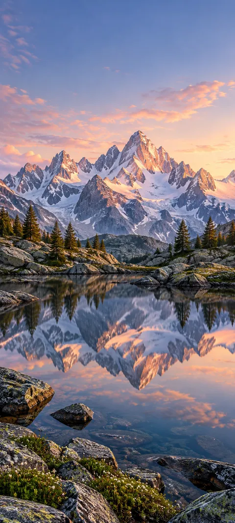 Snowy crags and conifers reflect in a still alpine tarn.
