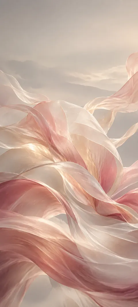 Rose and cream translucent forms drift across a warm gray field.