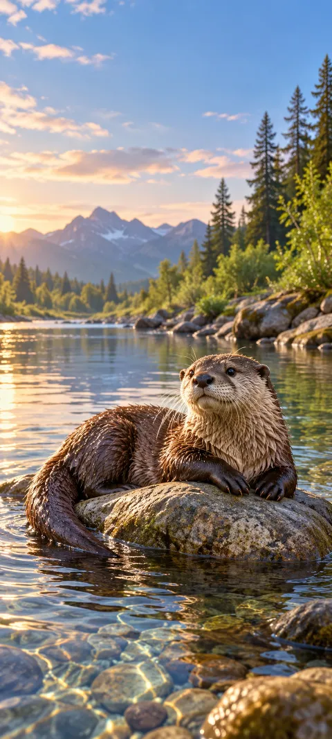 A river otter rests on a stone in clear water.