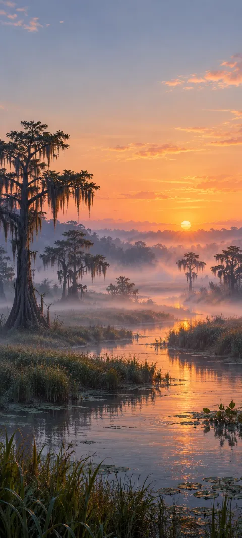 Cypress trees frame a misty wetland channel at sunrise.