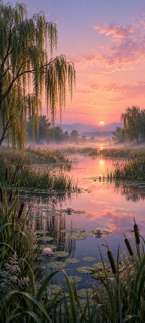 Willows and reeds surround a marsh reflecting a pale rose dawn.