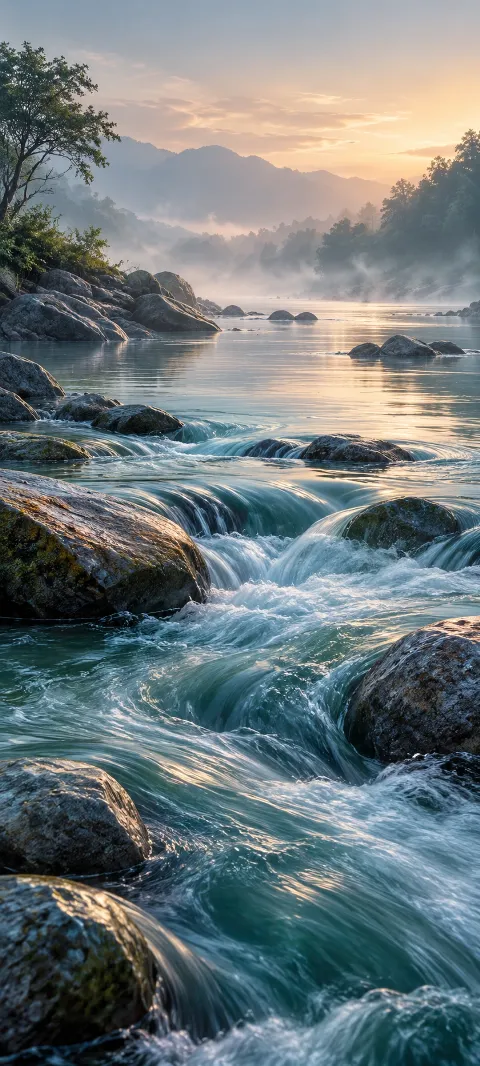 Mist hovers above a slow river with black stones.