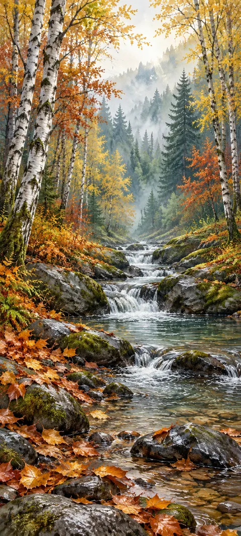 A narrow stream flowing over wet rocks between autumn birches and russet leaves.