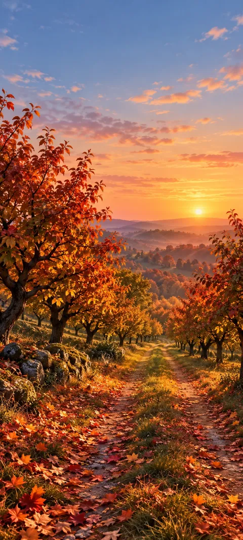 An orchard lane recedes between russet trees and fallen leaves.