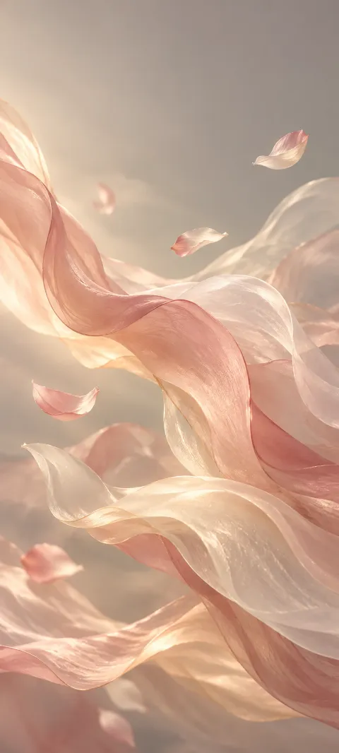 Rose and cream translucent forms drift across a warm gray field.