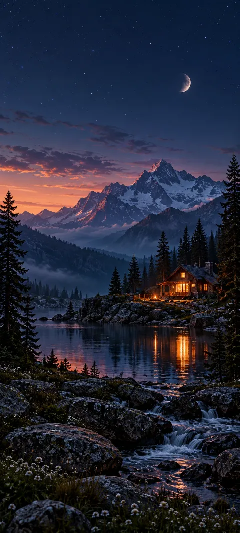 Small warm cabin beside a mountain lake at twilight.