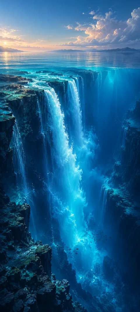 A turquoise ocean shelf drops into a deep blue underwater trench.