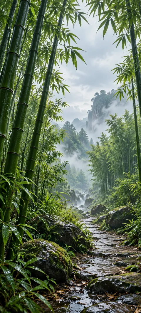 A narrow clearing opens through tall bamboo in gentle rain.