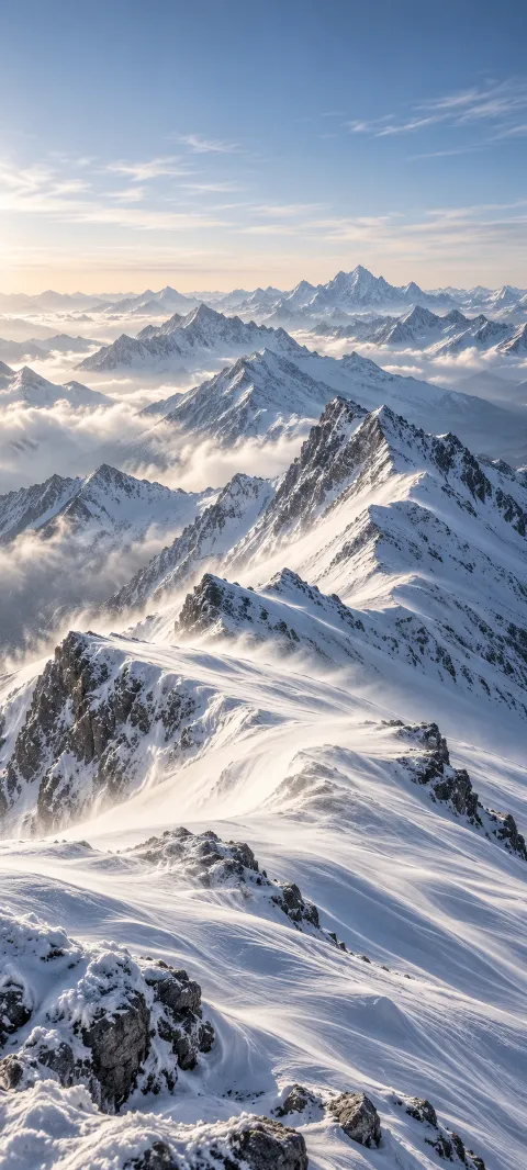 Snow streams across a high ridge under pale light.