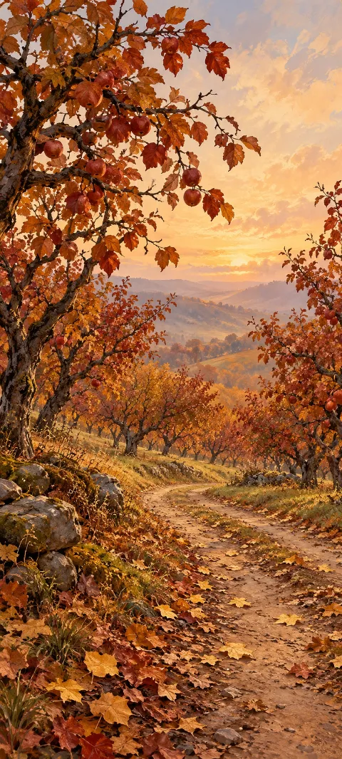 Orange orchard trees with apples above a winding path covered in fallen leaves.