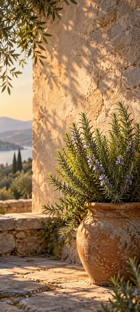 A rosemary plant in a terracotta pot beside a weathered stone wall.