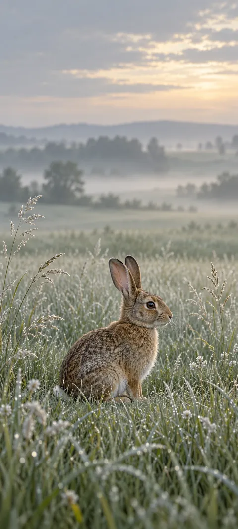 Brown rabbit facing right in dew-covered meadow grass at dawn.