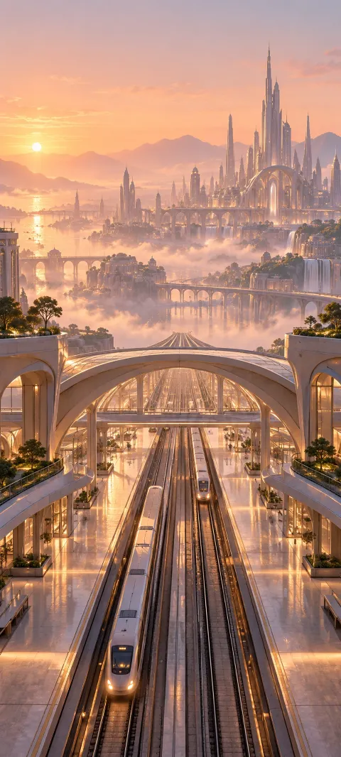 A peach morning haze surrounds an imagined station.
