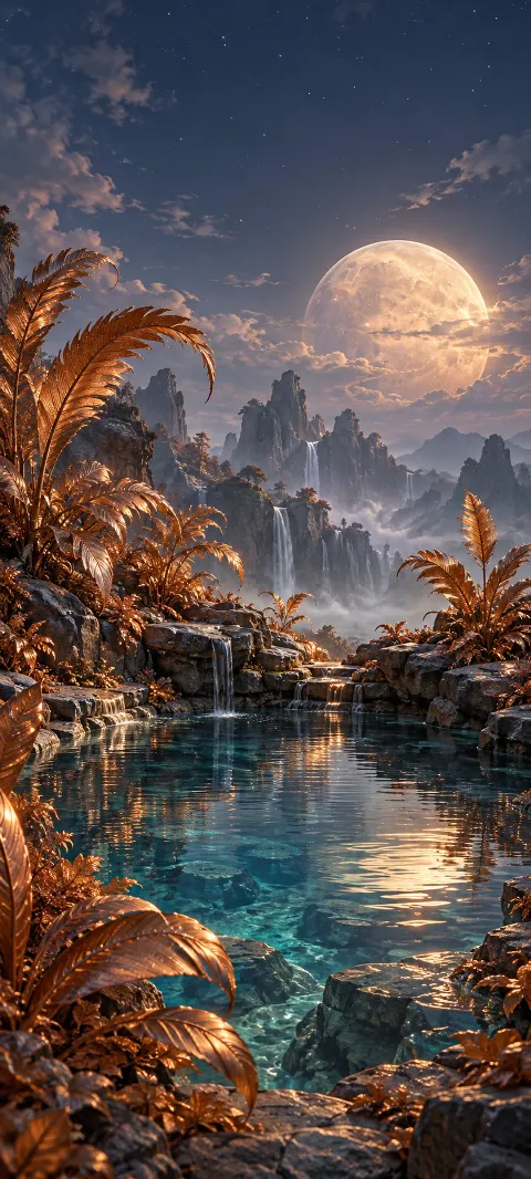 Copper-feathered plants grow around a moon pool.