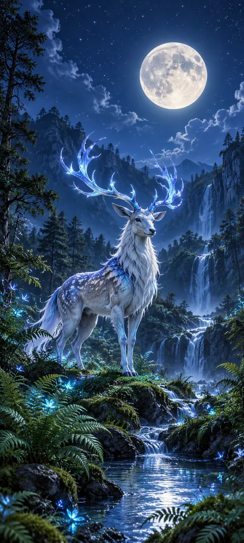 A blue-antlered deer stands in a moonlit fern hollow.
