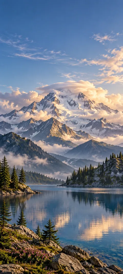Clouds gather around a summit above a quiet lake.