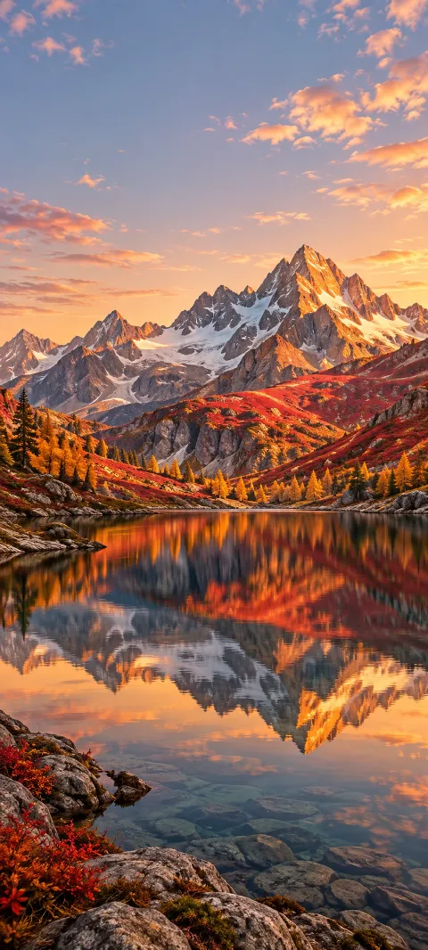 Red and gold slopes reflect in a mountain lake.