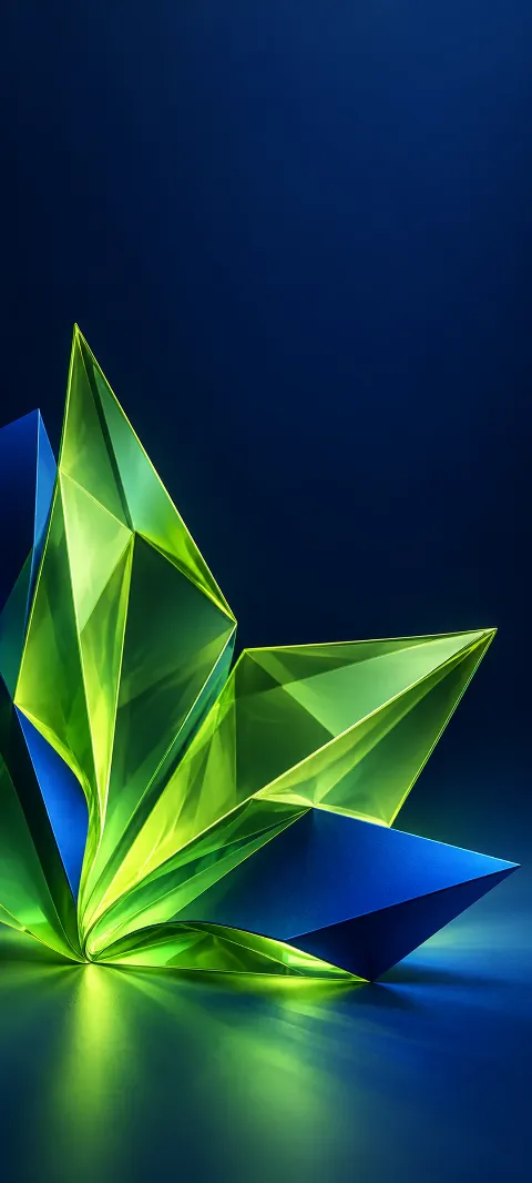 Folded lime-green translucent facets beside matte cobalt planes.