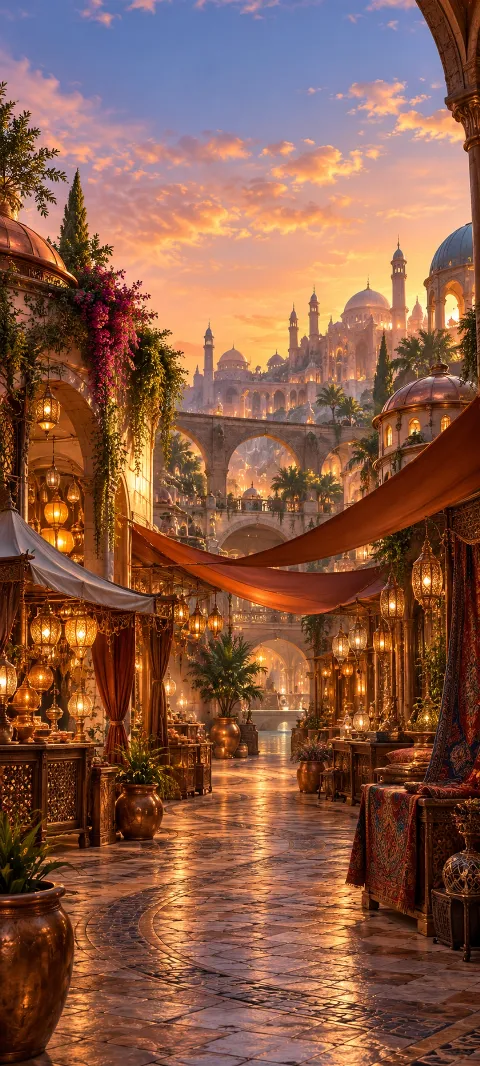 An imagined market arcade glows beneath copper awnings.