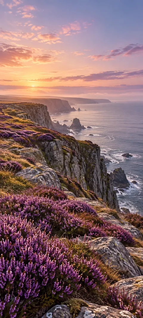 Purple heather grows along a cliff above distant gray water.