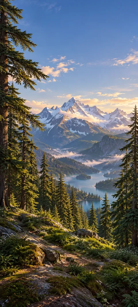 Cedar trees frame snow peaks and an alpine lake in sunlight.