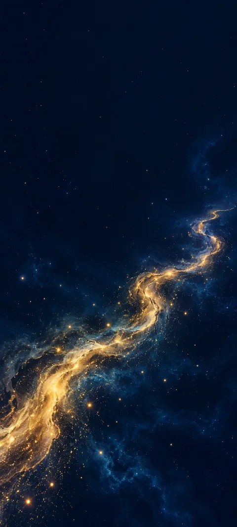 Thin winding golden cosmic dust ribbon crossing deep navy space.