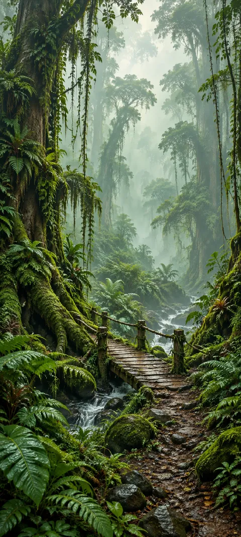 Wooden bridge over a rocky stream in a misty forest with giant mossy roots, ferns and hanging vines.