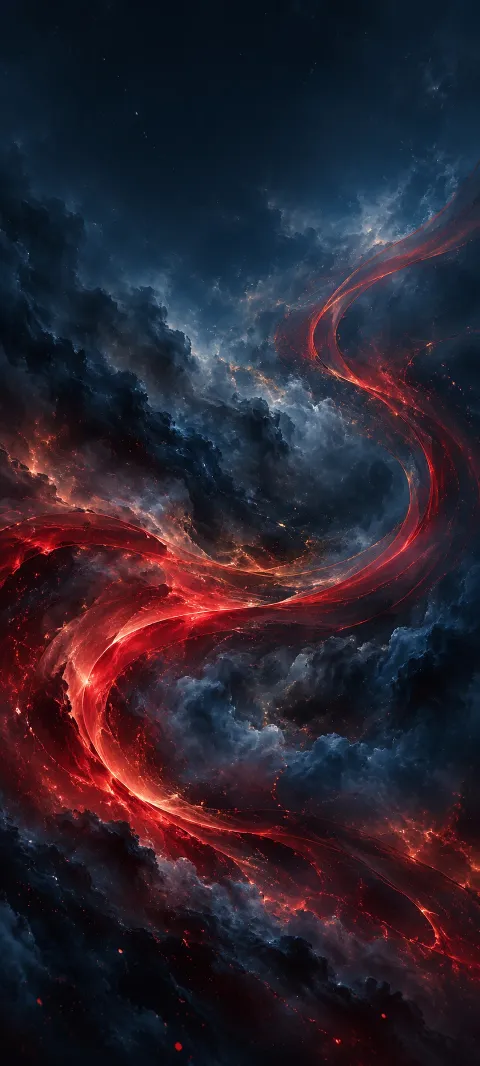 Crimson ribbons sweep through a smoky navy abstract field.