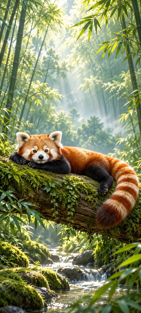 Red panda reclining on a mossy log with a ringed tail and bamboo forest behind.