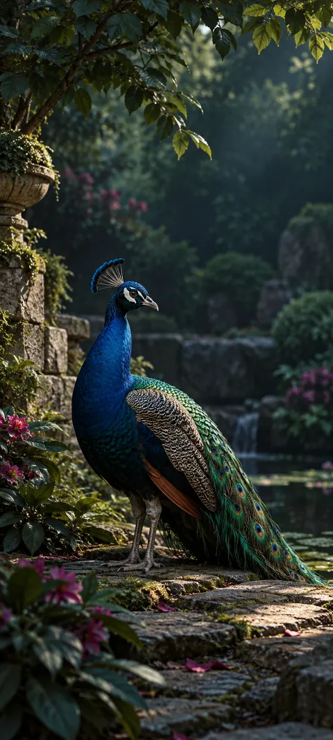 A blue peacock stands in cool garden shade among green foliage.