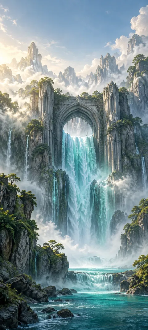 A stone gate stands behind a teal waterfall.