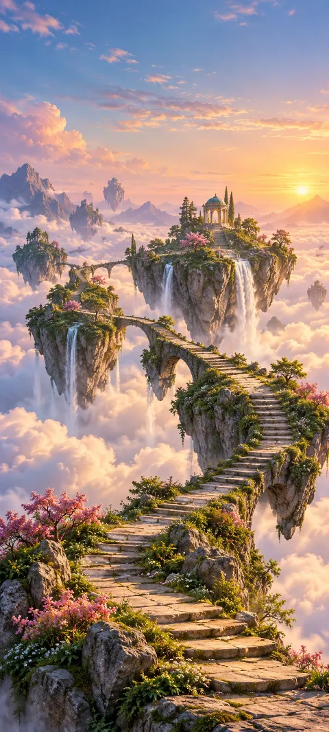 Stone stairways connect islands above a cloud sea.