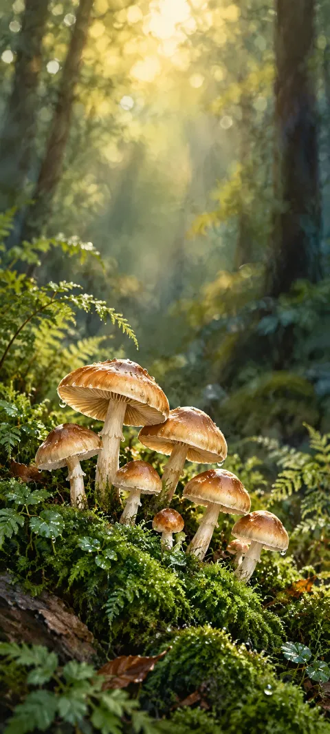 Brown capped mushrooms growing in wet green moss with fern tips and woodland light.