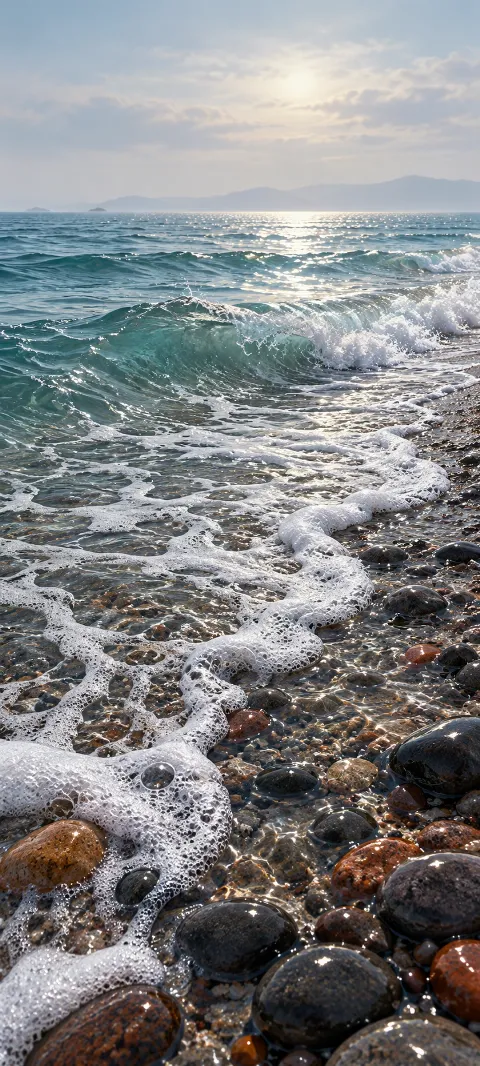 White seafoam curling over dark polished pebbles beside a calm teal sea and hazy hills.