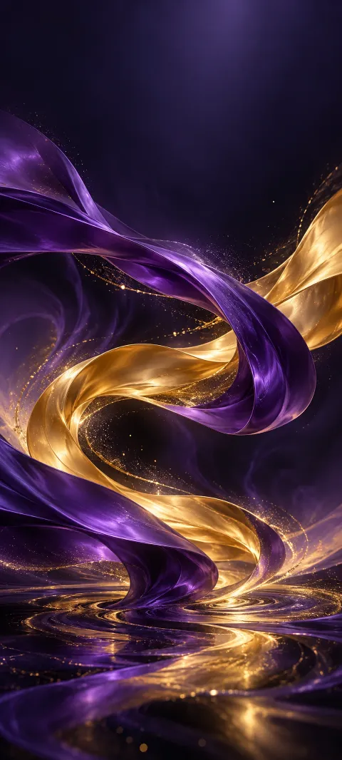 Violet and gold ribbons twist around a dark center like liquid silk.