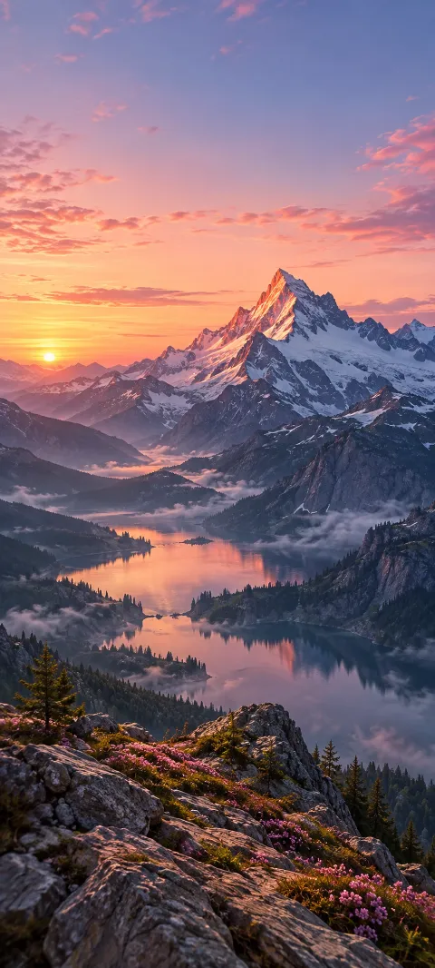 A snowy peak and lake valley lit by rose sunlight.