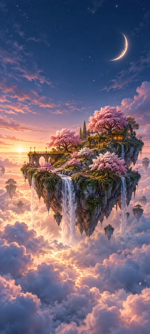 A floating orchard island drifts above silver clouds.
