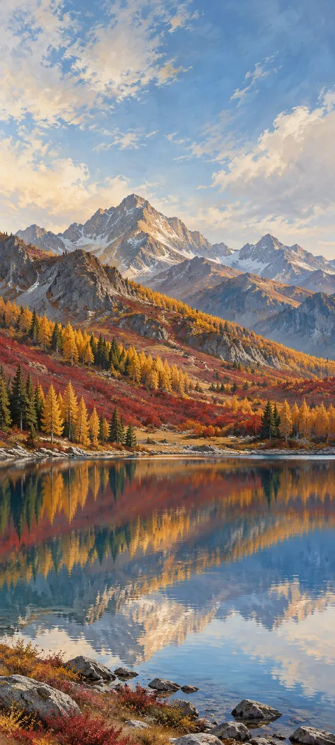 Snowy gray mountains and autumn larch trees reflected in a still blue lake.