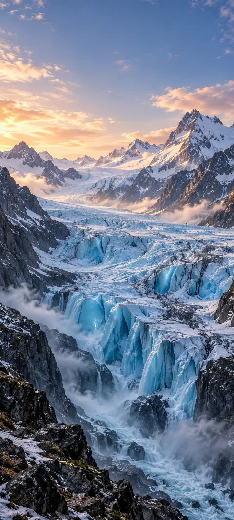 A blue glacier descends between dark mountain walls.